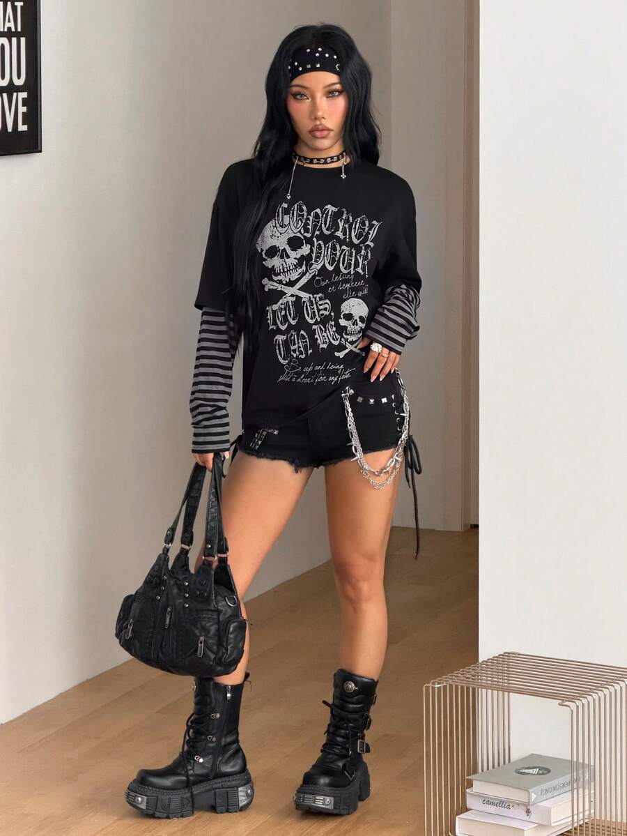 Women's casual graphic long sleeve t-shirt with a round neck, drop shoulder sleeves, and loose relaxed fit.
