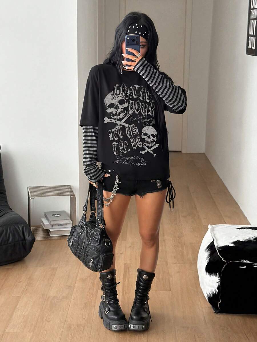 Women's casual graphic long sleeve t-shirt with a round neck, drop shoulder sleeves, and loose relaxed fit.