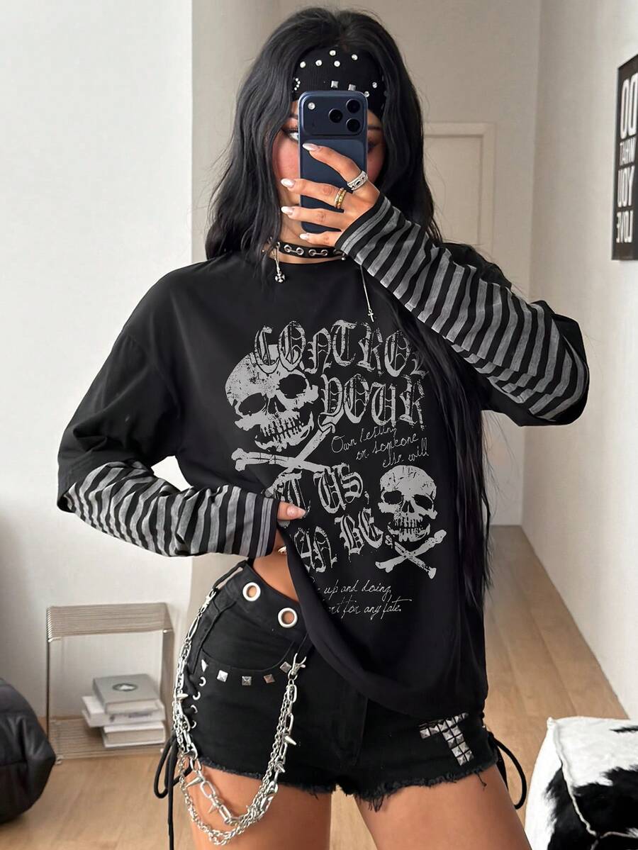 Women's casual graphic long sleeve t-shirt with a round neck, drop shoulder sleeves, and loose relaxed fit.