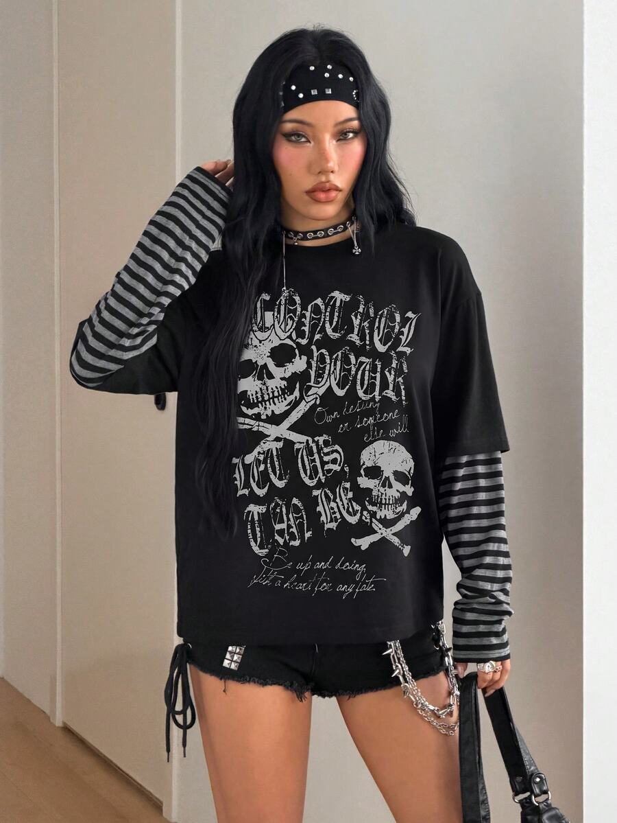 Women's casual graphic long sleeve t-shirt with a round neck, drop shoulder sleeves, and loose relaxed fit.