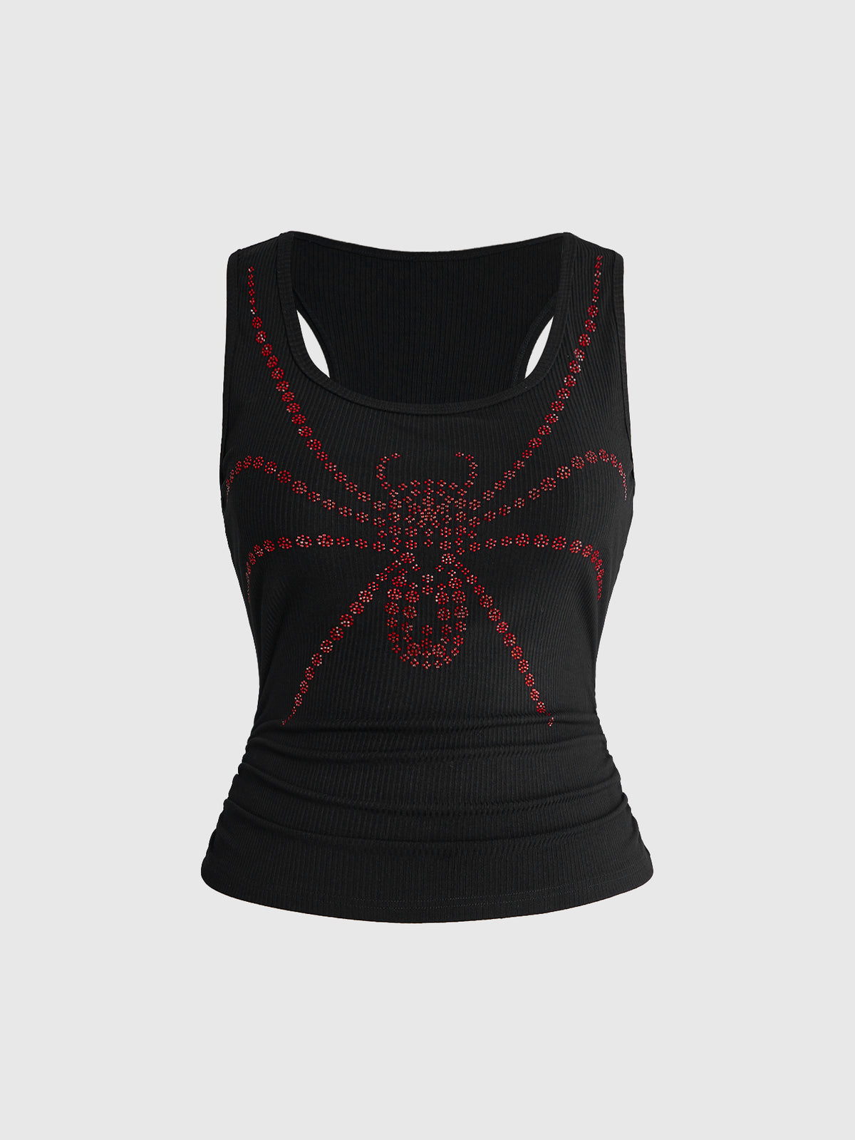 Black scoop neck slim fit tank top with exaggerated spider rhinestone detailing.