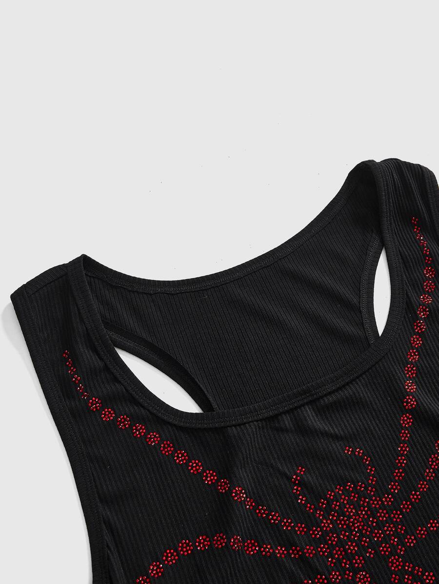 Black scoop neck slim fit tank top with exaggerated spider rhinestone detailing.