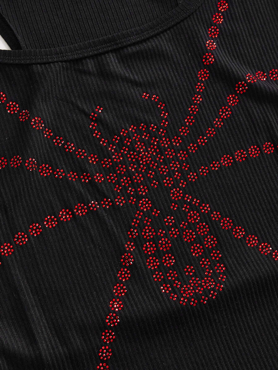 Black scoop neck slim fit tank top with exaggerated spider rhinestone detailing.