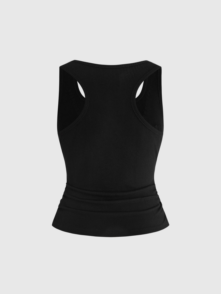 Black scoop neck slim fit tank top with exaggerated spider rhinestone detailing.