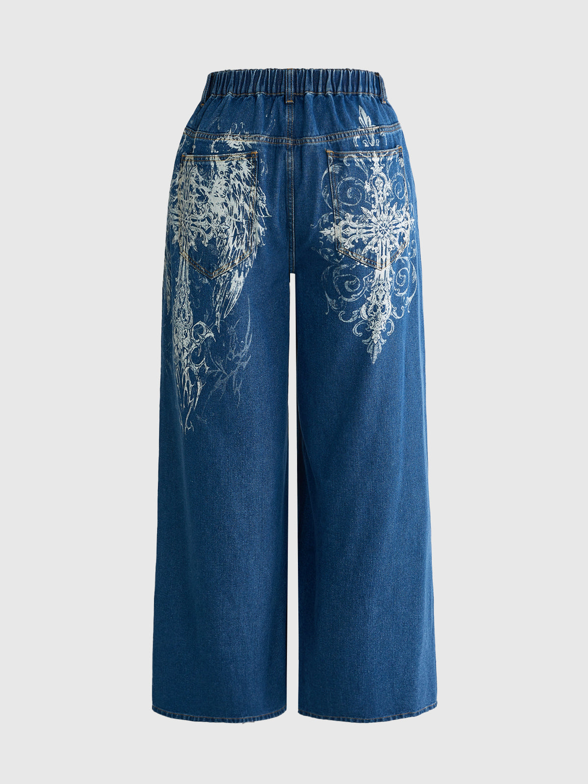 Women's gothic cross print baggy wide leg jeans made from denim with zipper fly and loose fit.