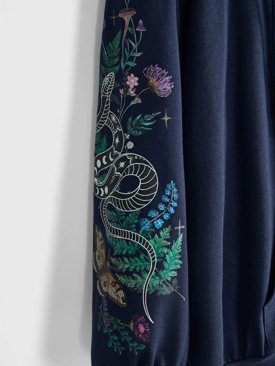 Women's plus size oversized zip-up sweatshirt jacket featuring a gothic graphic with coiled snake, butterfly, and thorn motifs, drawstring hood, and front pockets.