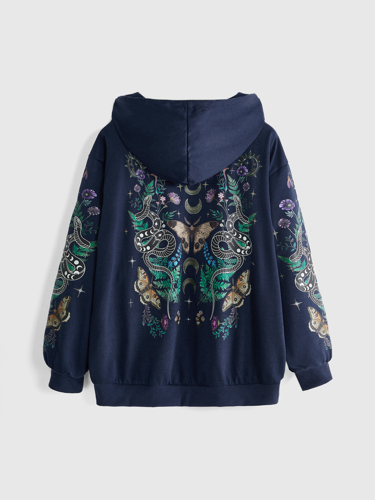 Women's plus size oversized zip-up sweatshirt jacket featuring a gothic graphic with coiled snake, butterfly, and thorn motifs, drawstring hood, and front pockets.