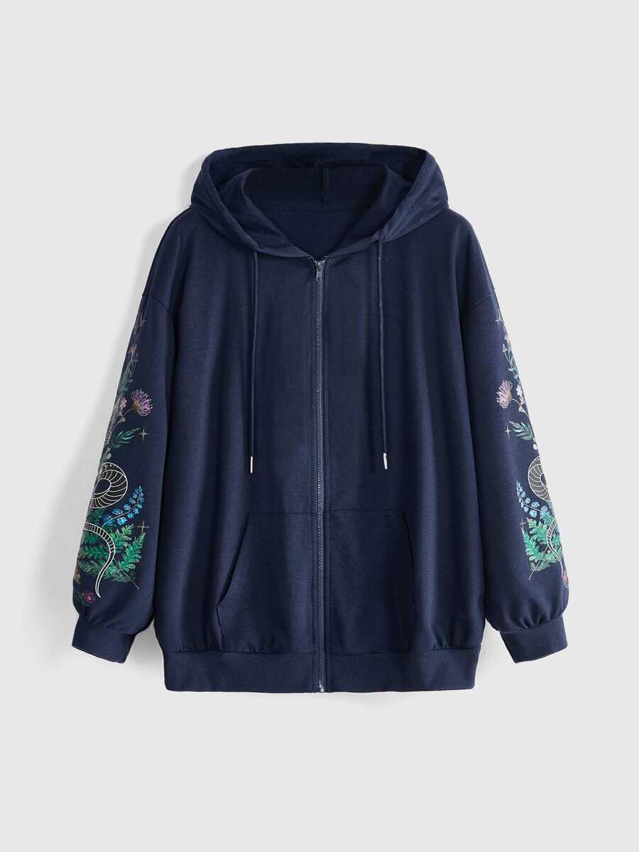 Women's plus size oversized zip-up sweatshirt jacket featuring a gothic graphic with coiled snake, butterfly, and thorn motifs, drawstring hood, and front pockets.