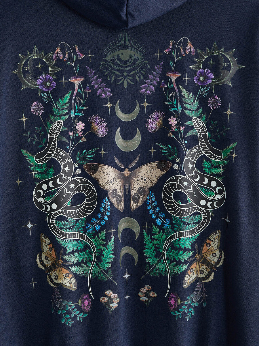 Women's plus size oversized zip-up sweatshirt jacket featuring a gothic graphic with coiled snake, butterfly, and thorn motifs, drawstring hood, and front pockets.