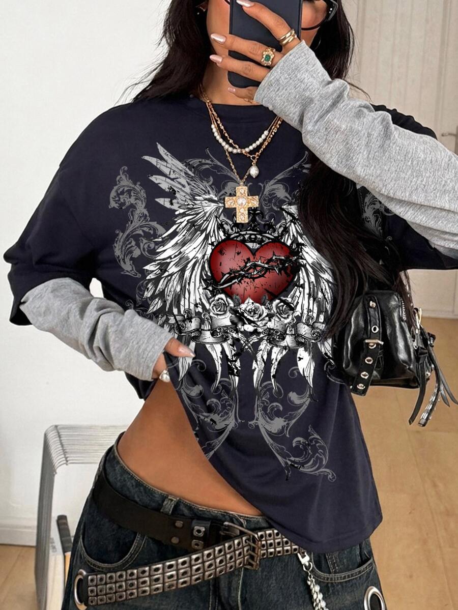 Women's casual 2-in-1 striped long sleeve graphic t-shirt featuring a round neckline, drop shoulders, rib-knit accents, and a loose fit.