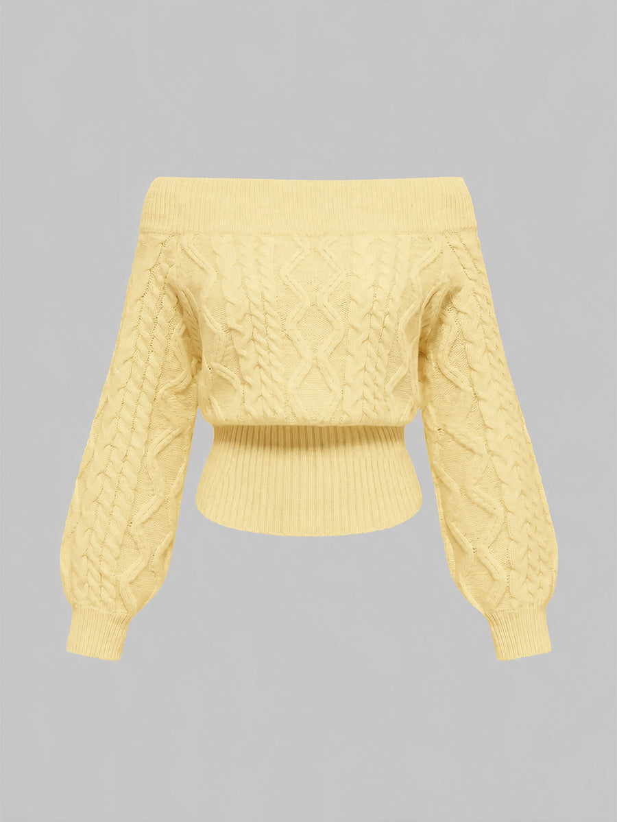 Women's off-the-shoulder rib-knit pullover sweater with three-quarter sleeves in a casual regular fit.