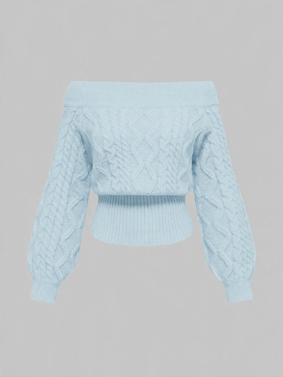 Women's off-the-shoulder rib-knit pullover sweater with three-quarter sleeves in a casual regular fit.