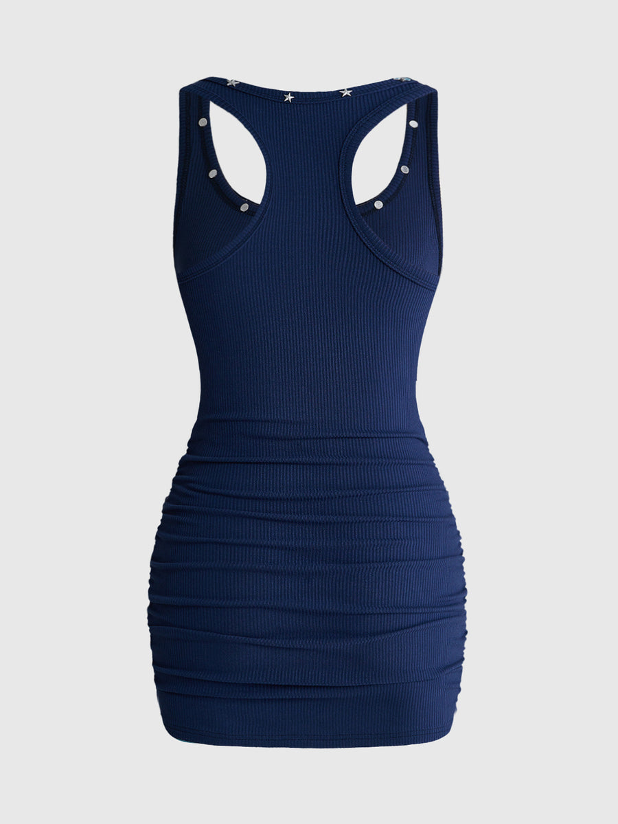 Women's sleeveless star print tank mini dress featuring a scoop neckline and slim fit in black knitted fabric.