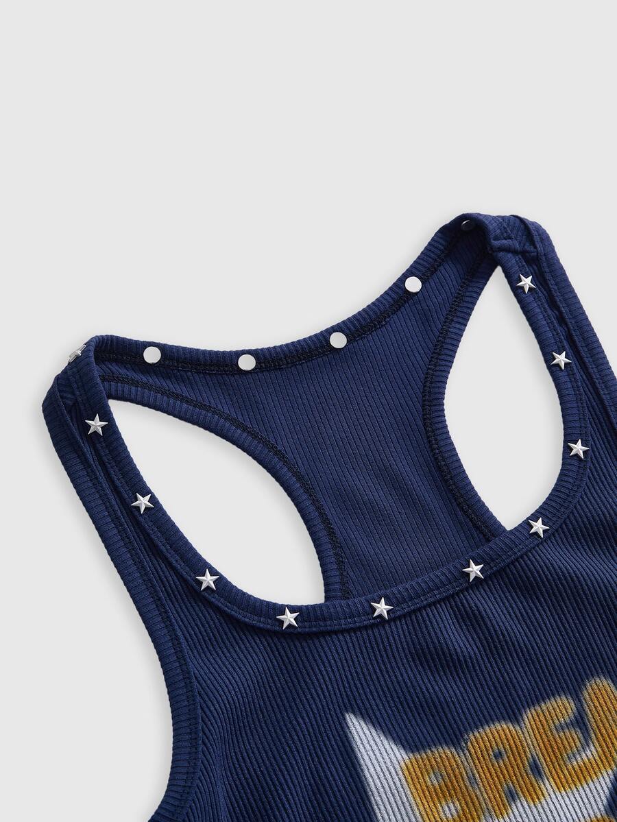 Women's sleeveless star print tank mini dress featuring a scoop neckline and slim fit in black knitted fabric.
