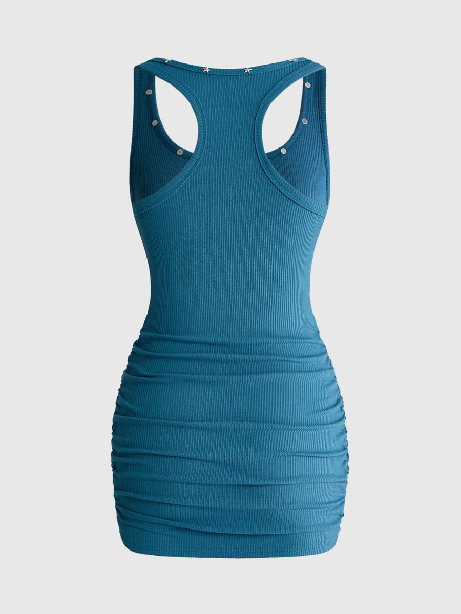 Women's sleeveless star print tank mini dress featuring a scoop neckline and slim fit in black knitted fabric.