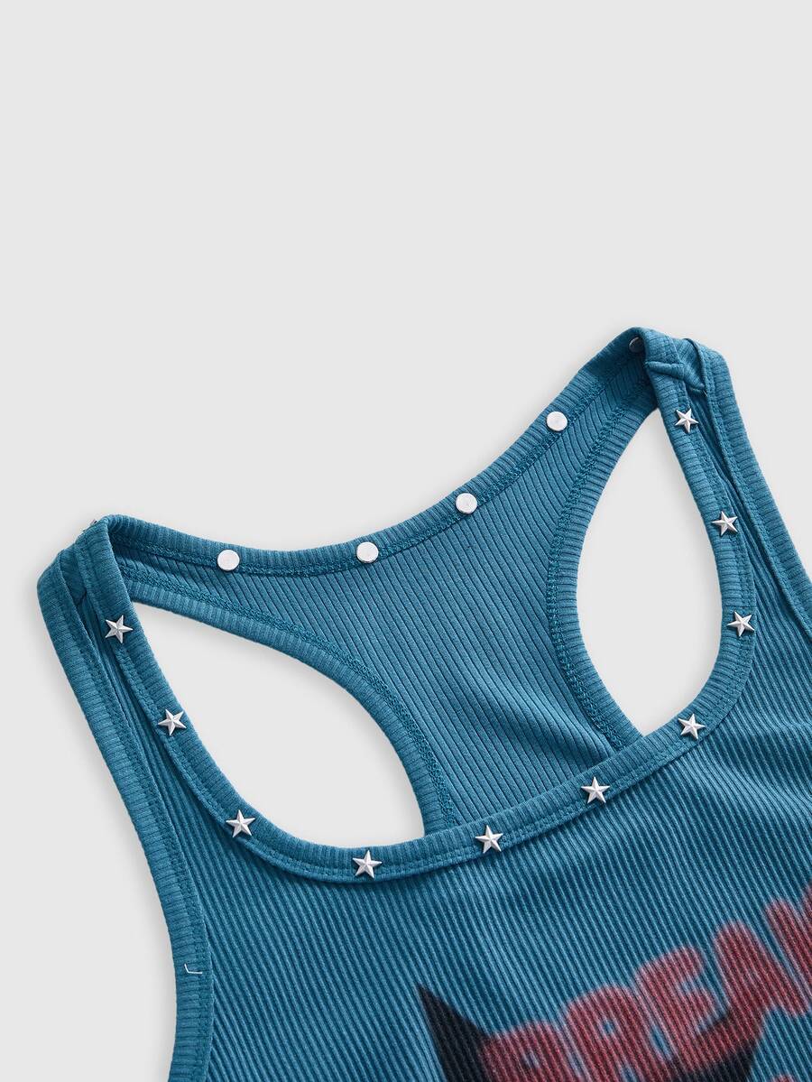 Women's sleeveless star print tank mini dress featuring a scoop neckline and slim fit in black knitted fabric.