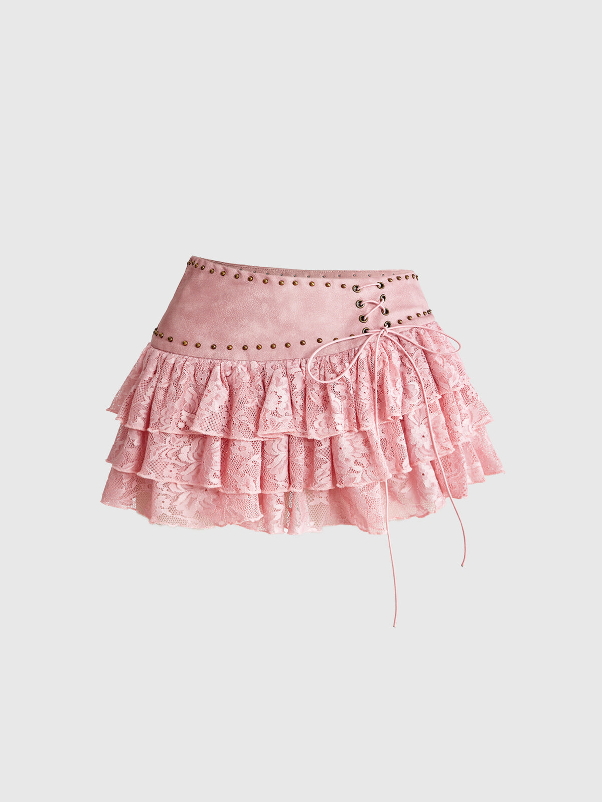Low waist double layer pleated mini skirt for women with contrast lace and tiered ruffle hem