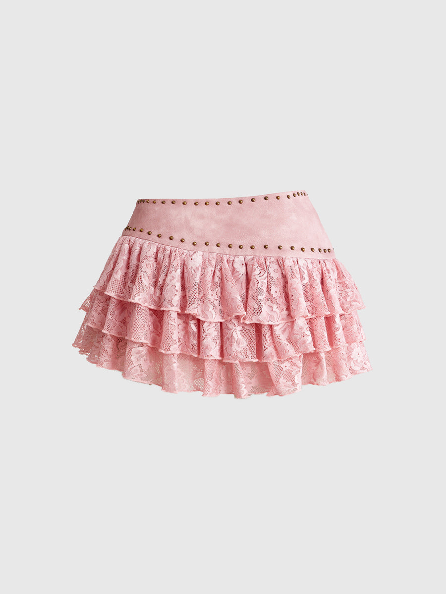 Low waist double layer pleated mini skirt for women with contrast lace and tiered ruffle hem