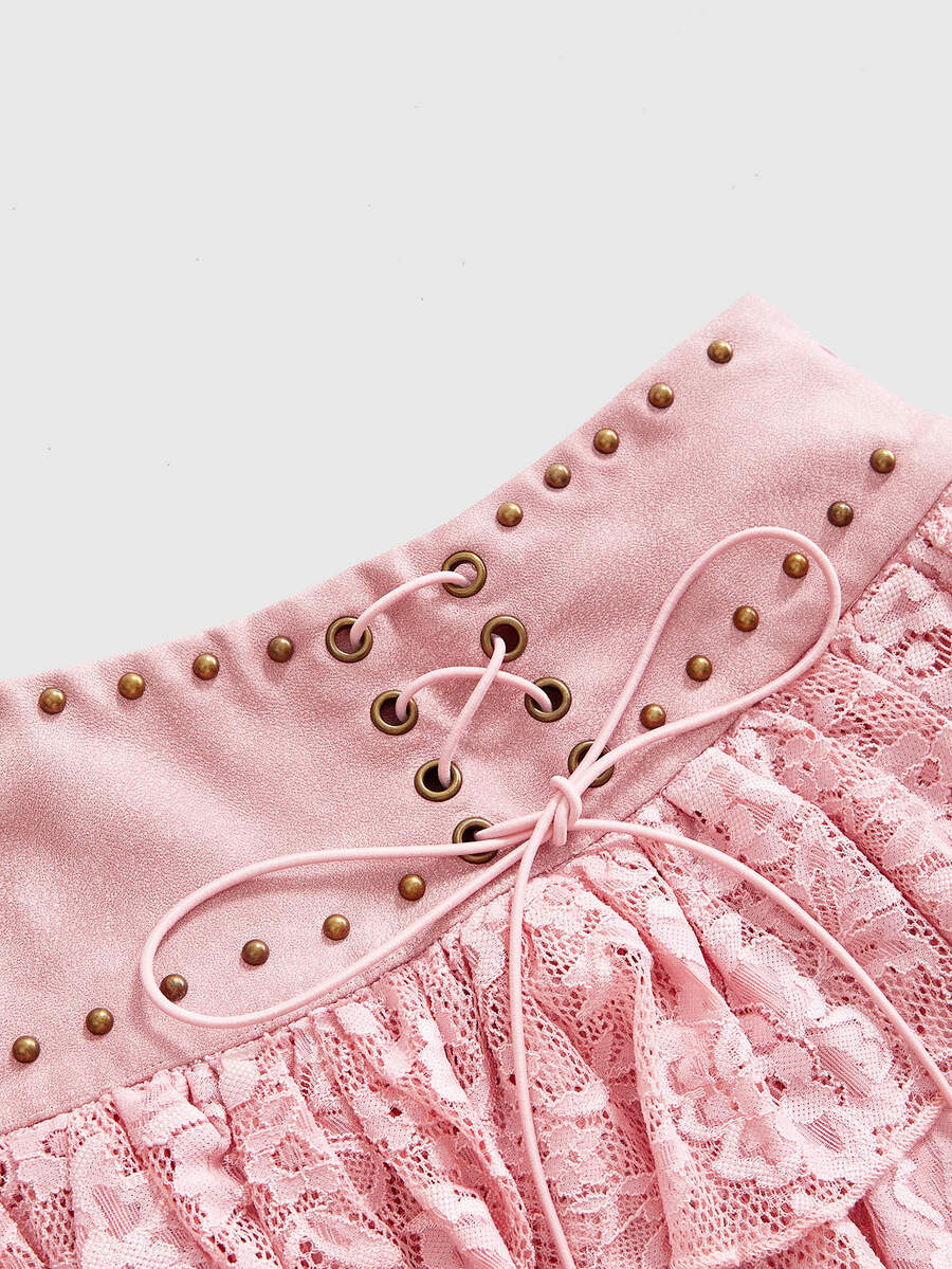 Low waist double layer pleated mini skirt for women with contrast lace and tiered ruffle hem