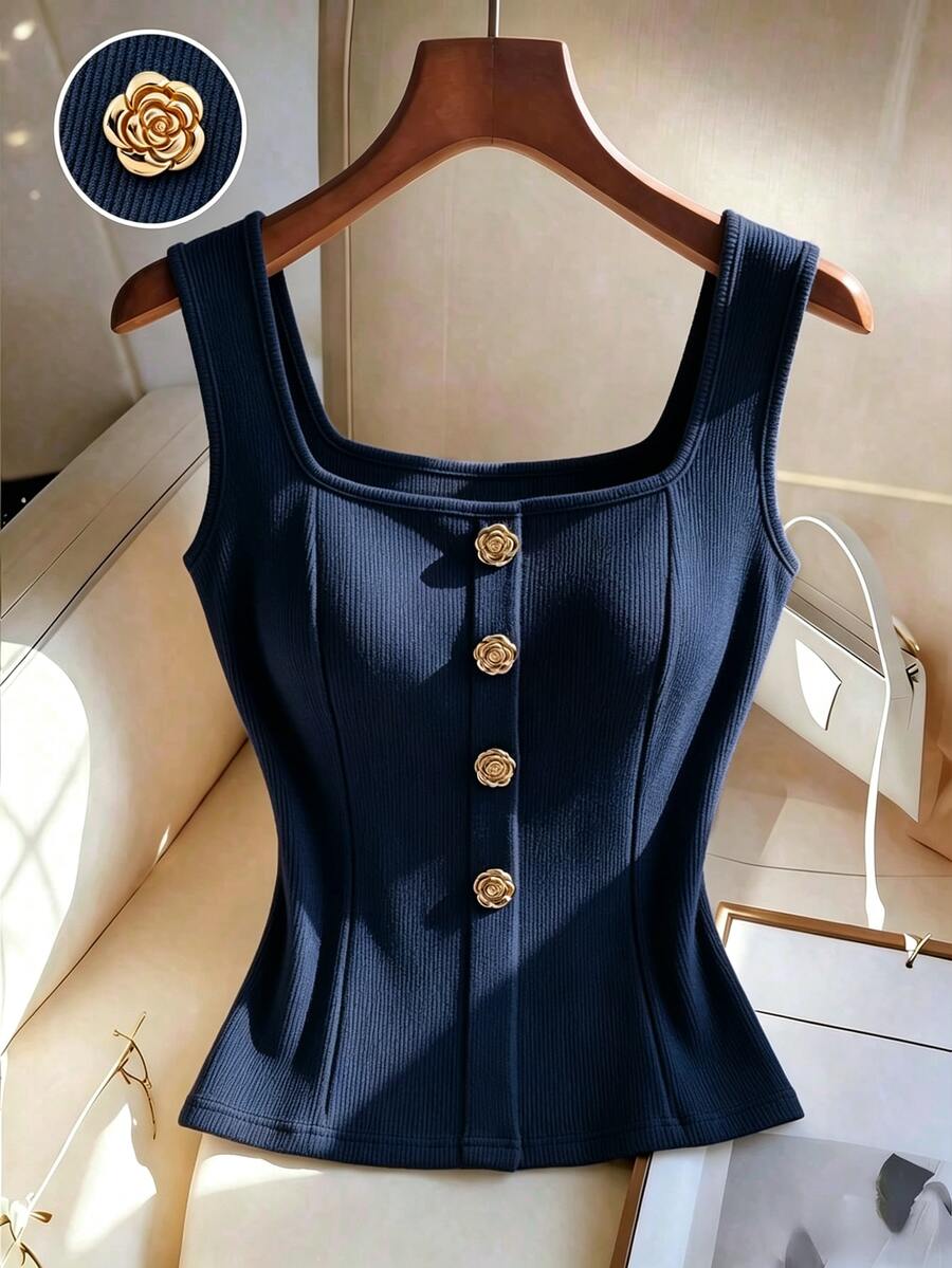 Women's slim fit square neck sleeveless knit tank top featuring a front faux placket with decorative gold metal buttons.