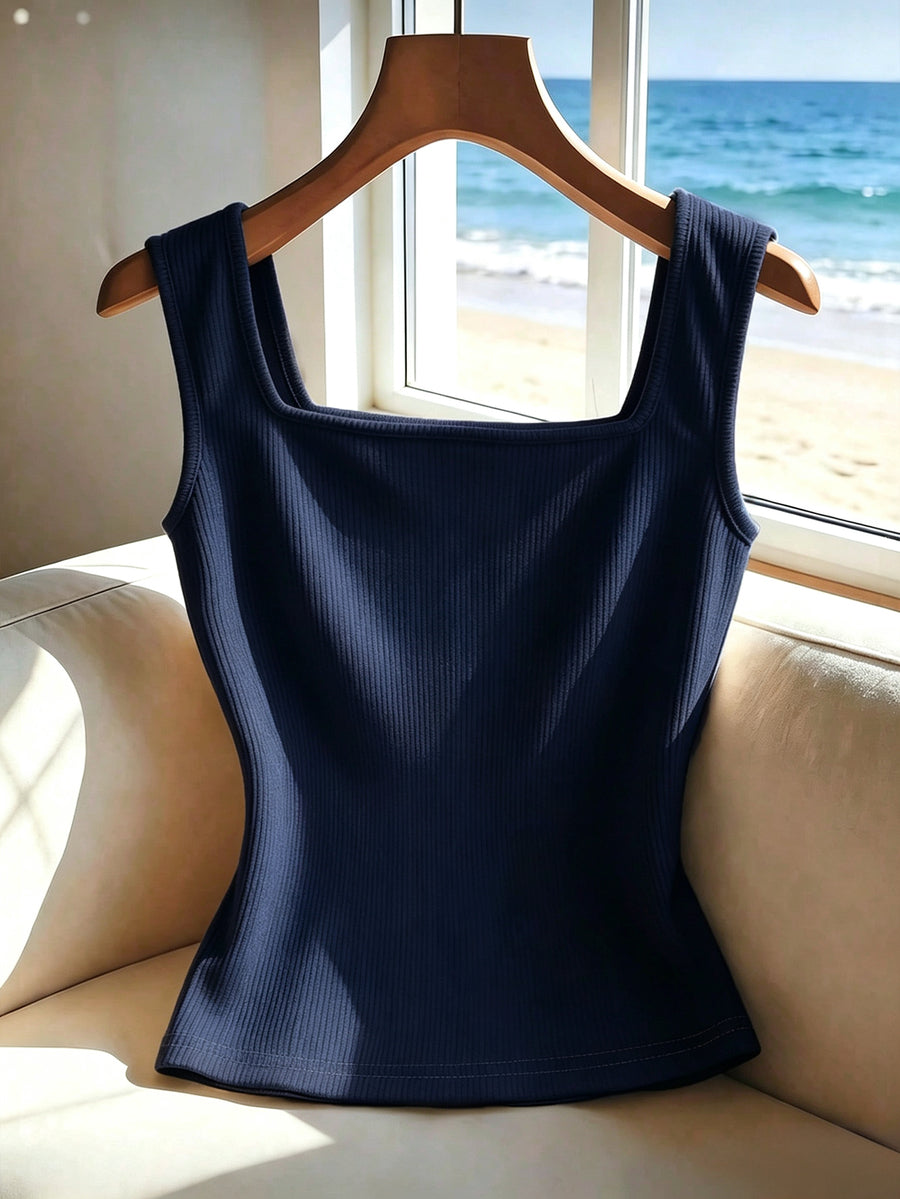 Women's slim fit square neck sleeveless knit tank top featuring a front faux placket with decorative gold metal buttons.