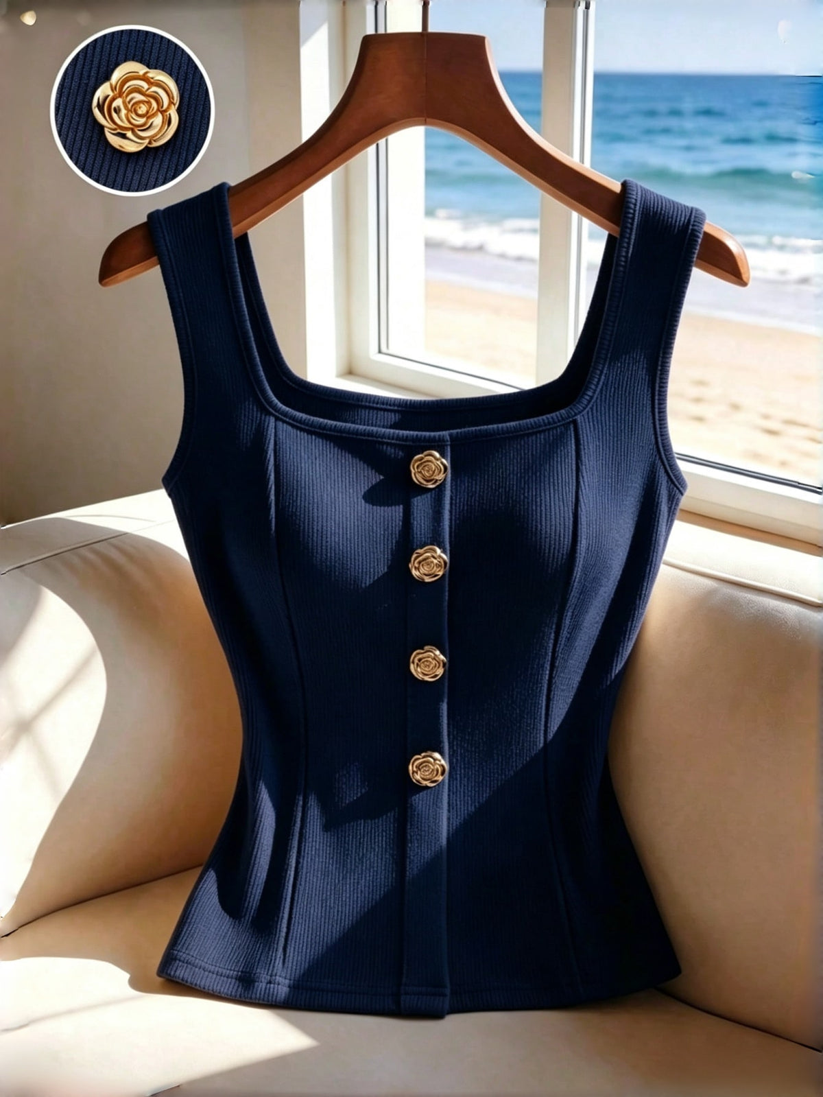 Women's slim fit square neck sleeveless knit tank top featuring a front faux placket with decorative gold metal buttons.
