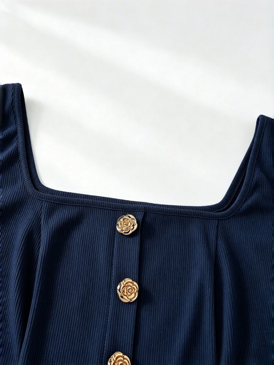 Women's slim fit square neck sleeveless knit tank top featuring a front faux placket with decorative gold metal buttons.