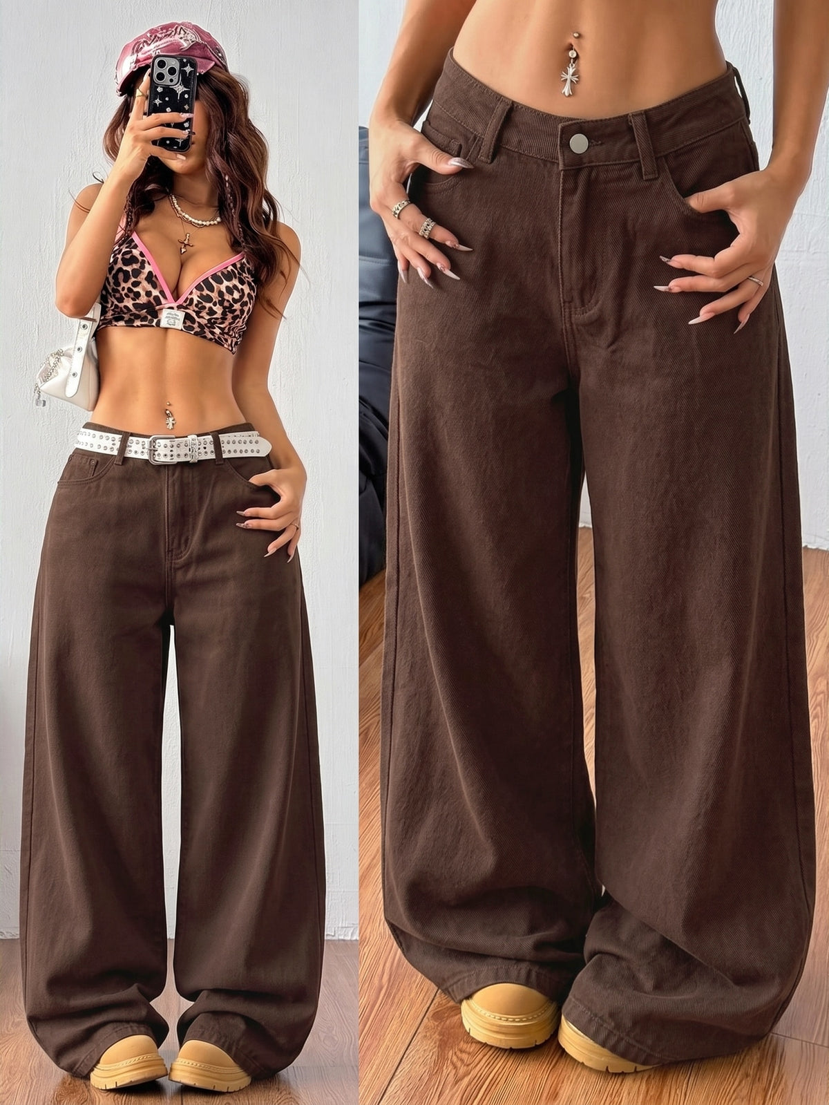 Women's casual loose fit wide leg denim jeans with functional pockets and low waist design.
