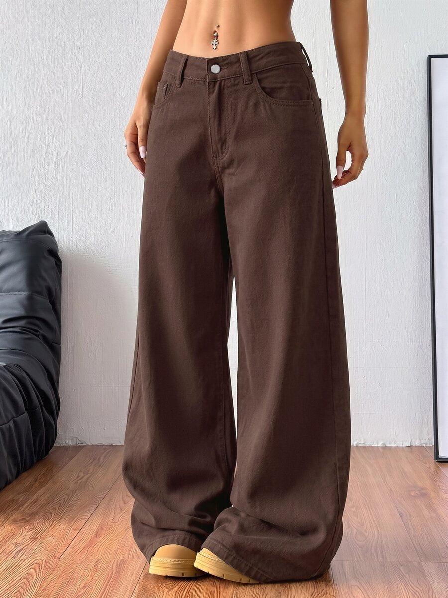Women's casual loose fit wide leg denim jeans with functional pockets and low waist design.