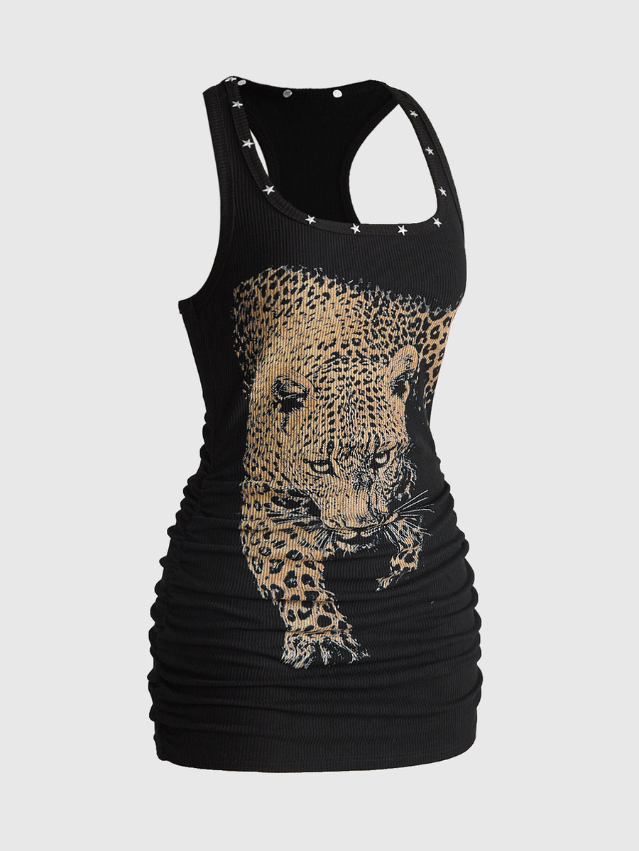 Women's sleeveless star print tank mini dress featuring a scoop neckline and slim fit in black knitted fabric.