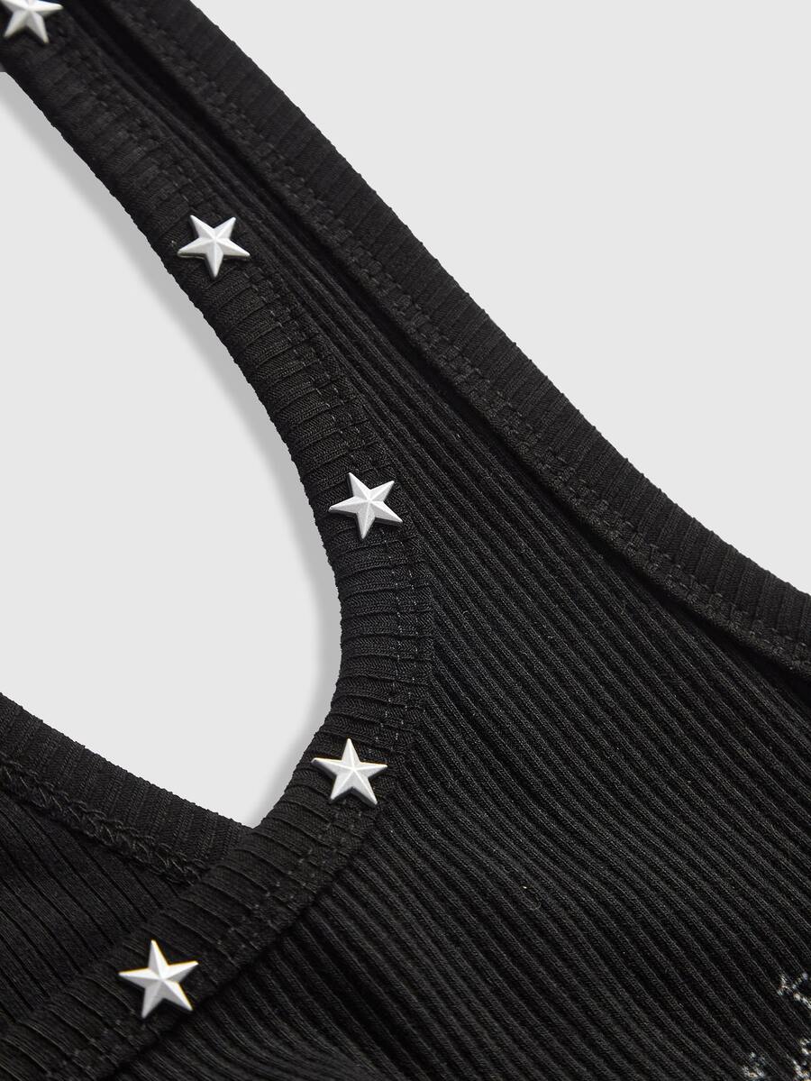 Women's sleeveless star print tank mini dress featuring a scoop neckline and slim fit in black knitted fabric.