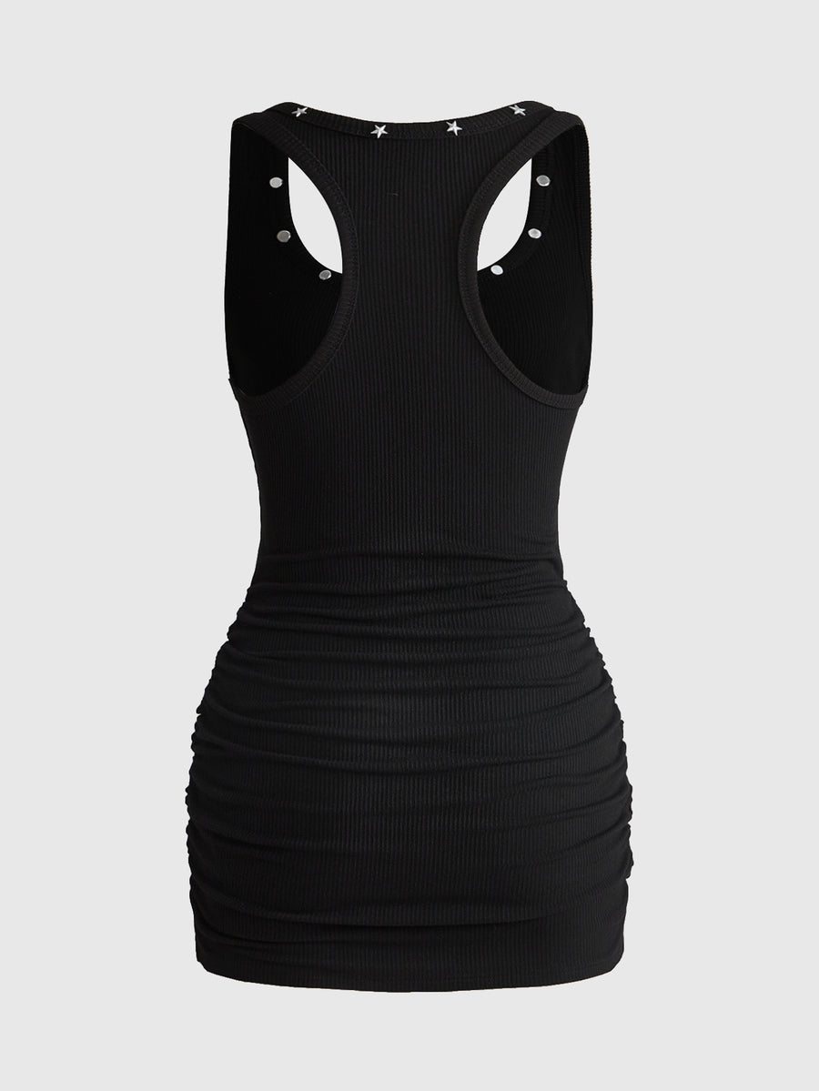 Women's sleeveless star print tank mini dress featuring a scoop neckline and slim fit in black knitted fabric.