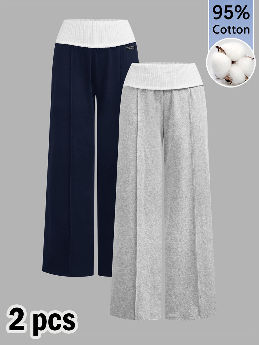 Women's wide leg flare lounge pants made of 95% cotton with a low elastic waistband and extra long hem.