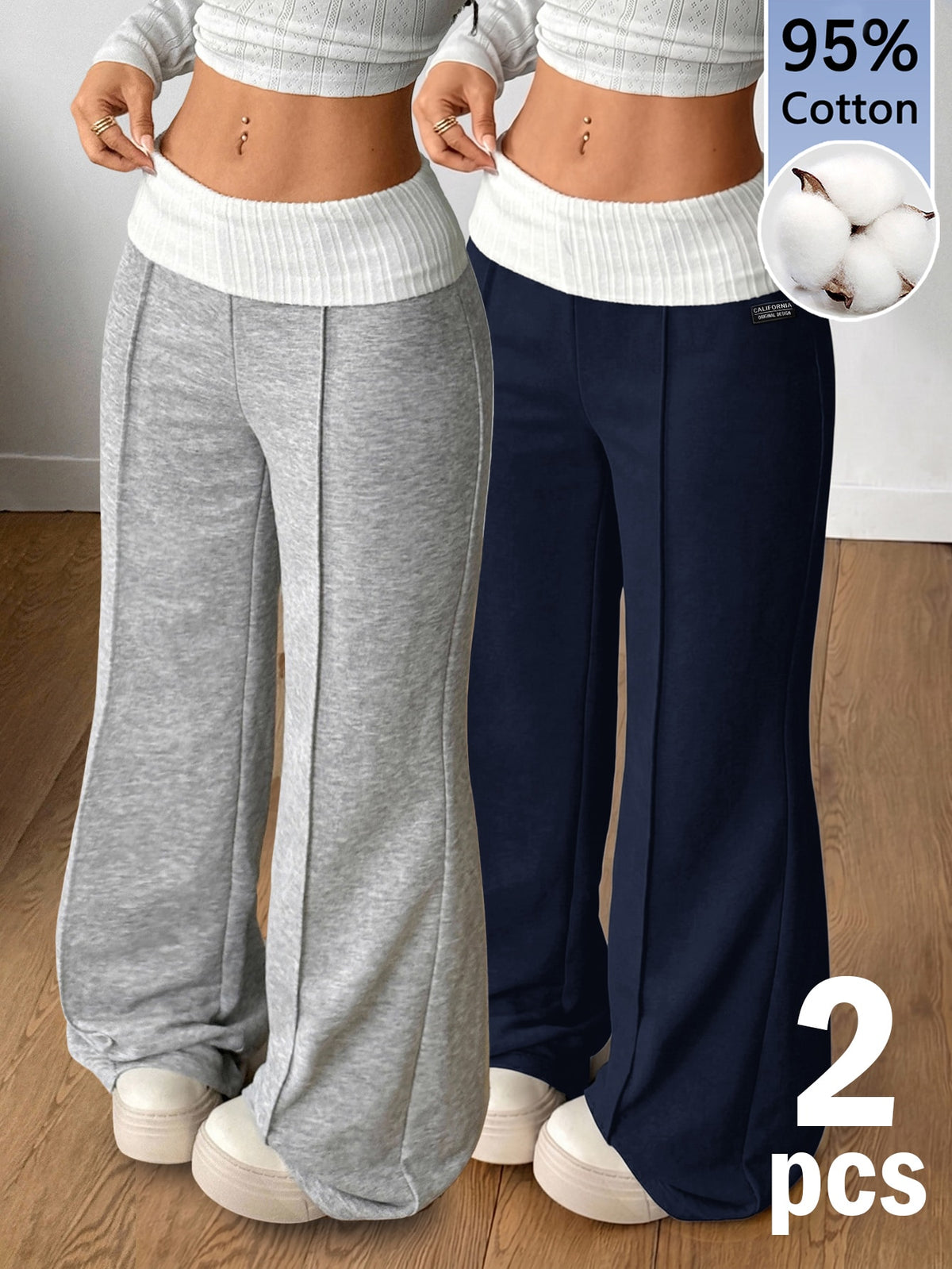 Women's wide leg flare lounge pants made of 95% cotton with a low elastic waistband and extra long hem.