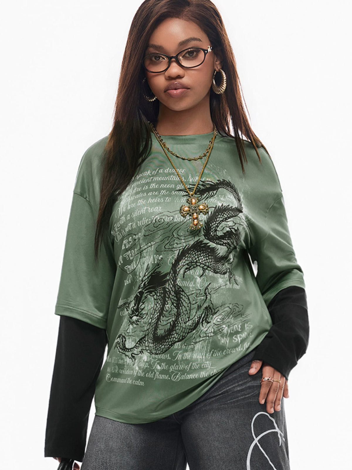 Women's casual graphic long sleeve t-shirt with a round neck, drop shoulder sleeves, and loose relaxed fit.