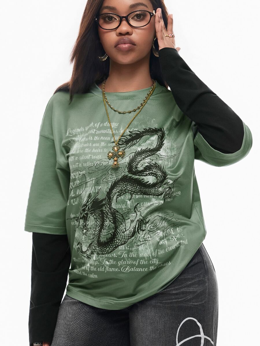 Women's casual graphic long sleeve t-shirt with a round neck, drop shoulder sleeves, and loose relaxed fit.