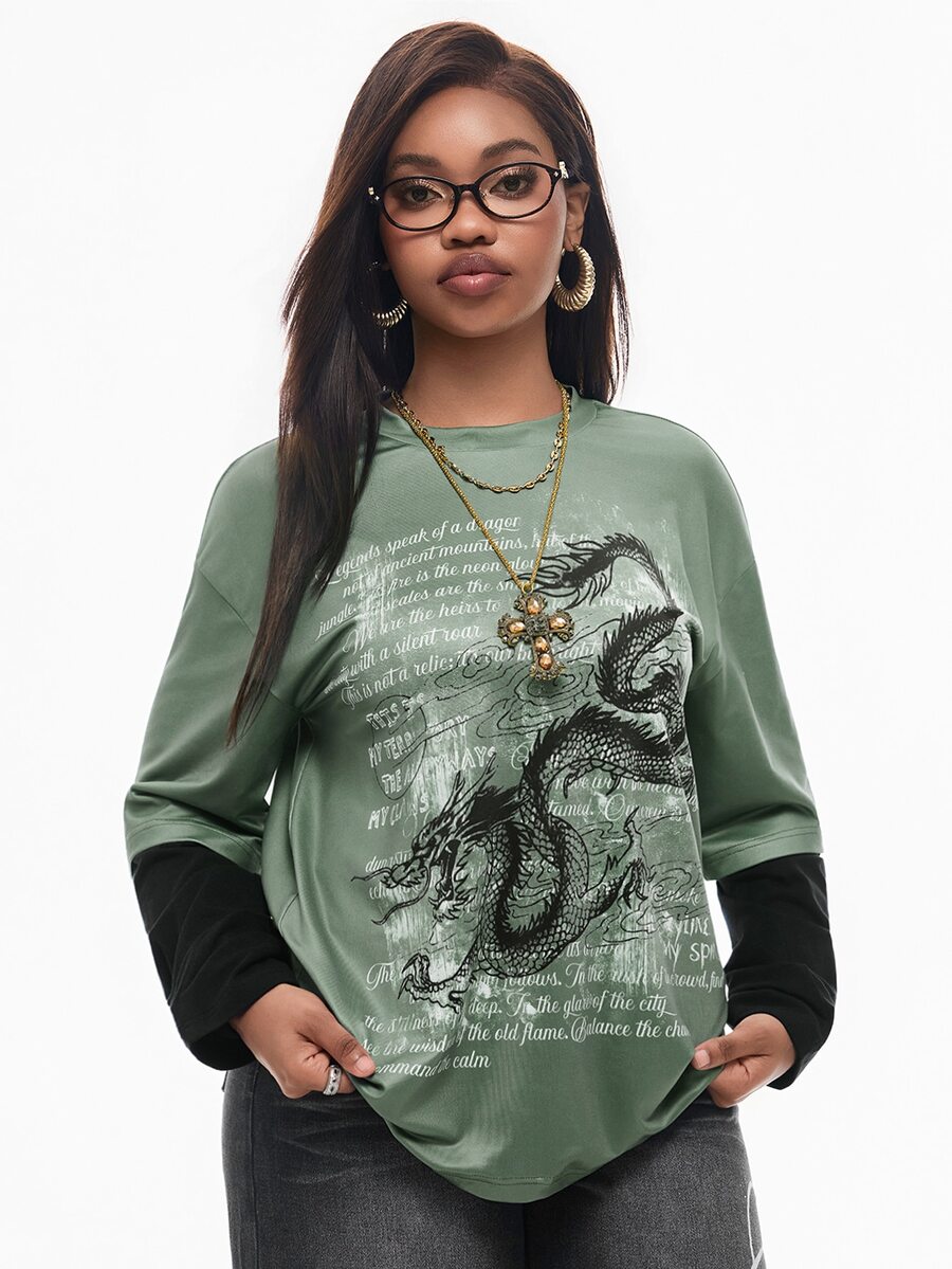 Women's casual graphic long sleeve t-shirt with a round neck, drop shoulder sleeves, and loose relaxed fit.