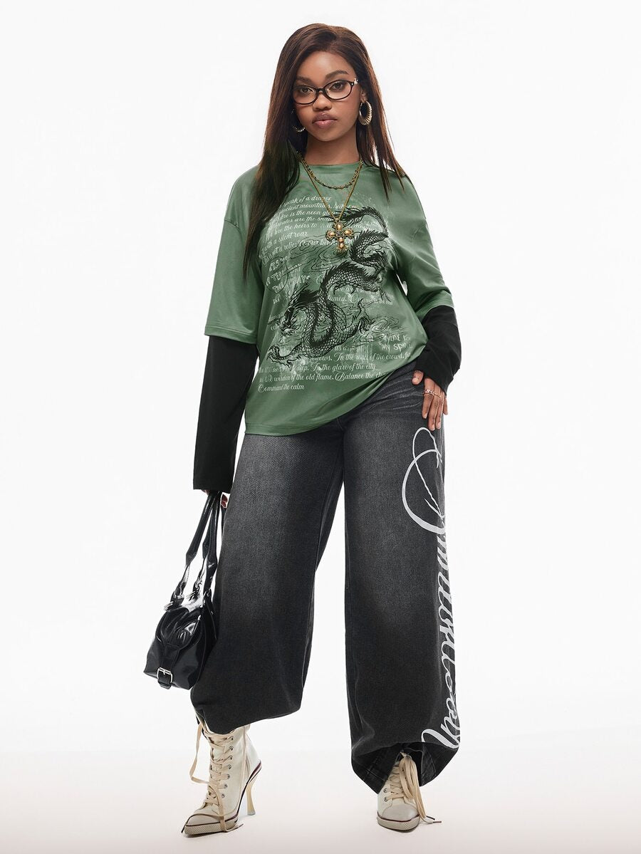 Women's casual graphic long sleeve t-shirt with a round neck, drop shoulder sleeves, and loose relaxed fit.