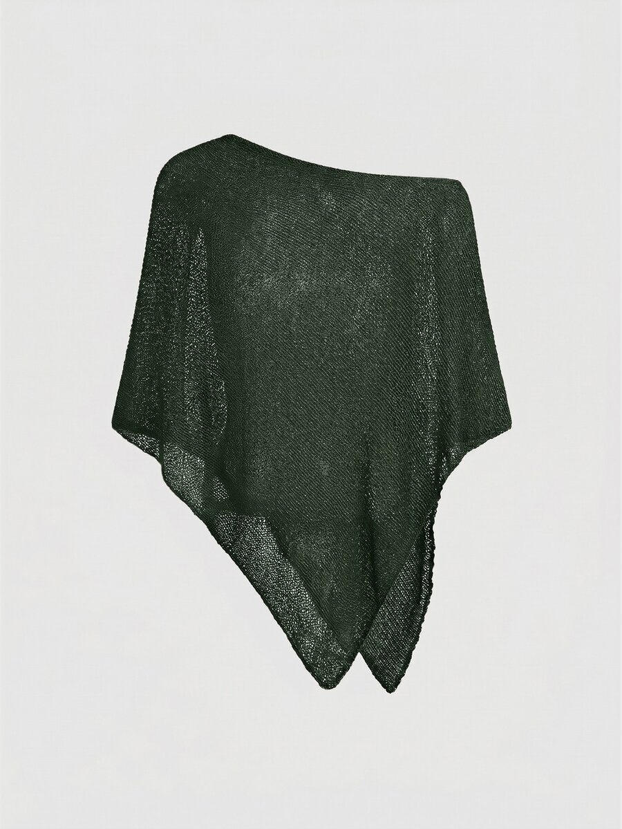 Women's casual hollow knit poncho top with boat neck, cloak sleeves, and asymmetrical hem