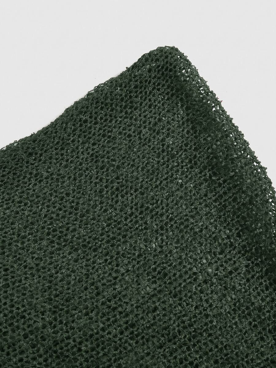 Women's casual hollow knit poncho top with boat neck, cloak sleeves, and asymmetrical hem