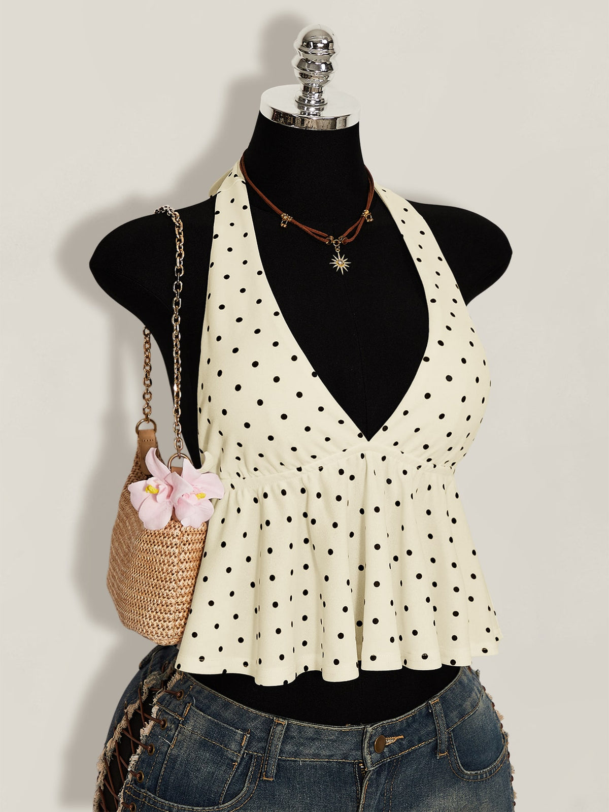 Women's Polka Dot Halter Camisole with Ruffle Hem