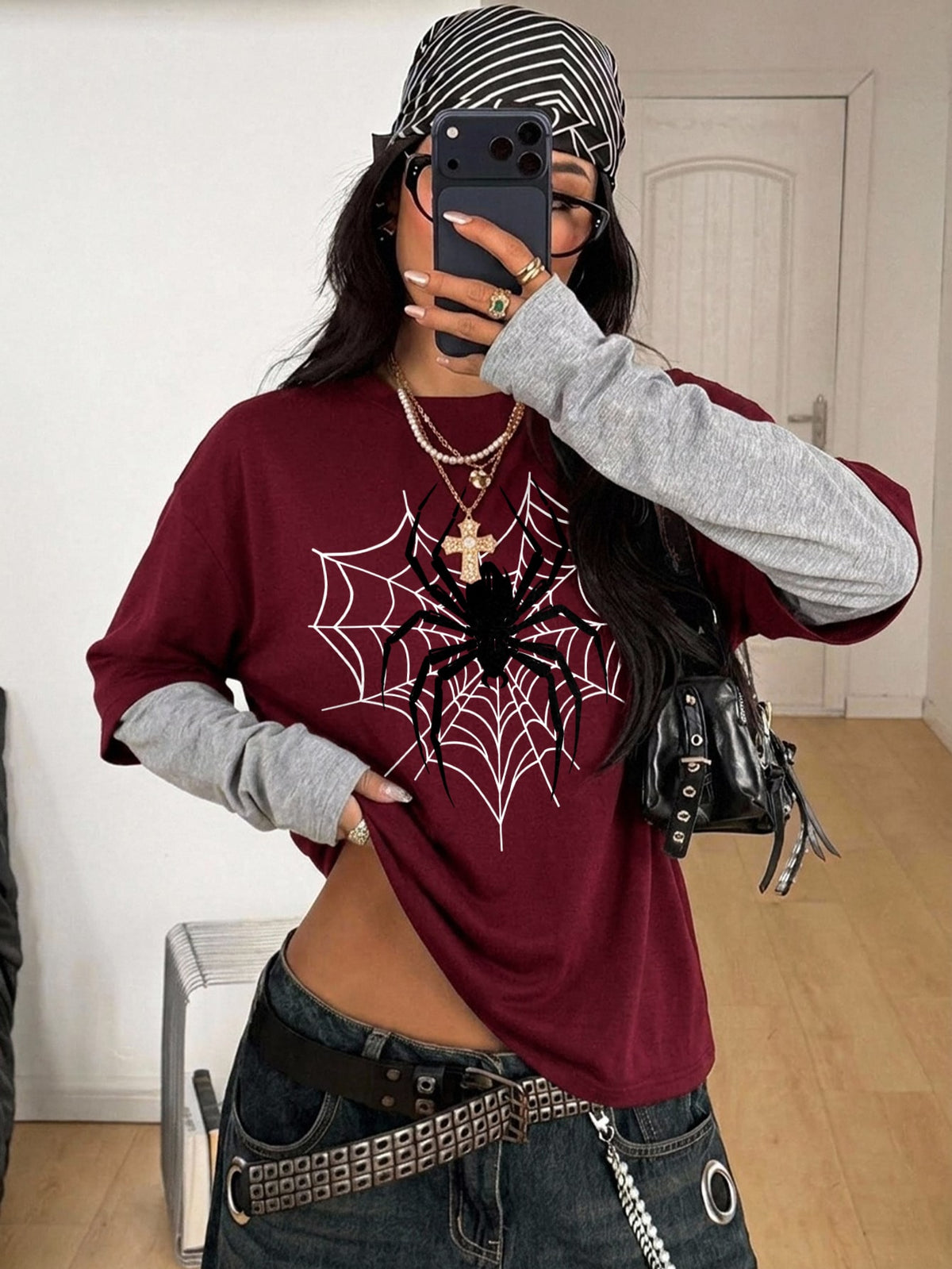 Women's casual 2-in-1 striped long sleeve graphic t-shirt featuring a round neckline, drop shoulders, rib-knit accents, and a loose fit.
