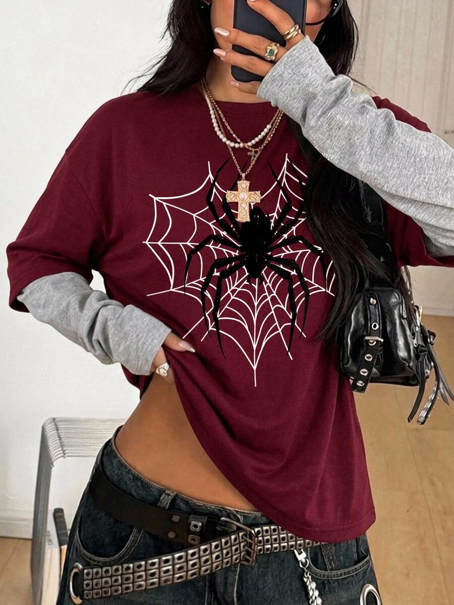 Women's casual 2-in-1 striped long sleeve graphic t-shirt featuring a round neckline, drop shoulders, rib-knit accents, and a loose fit.