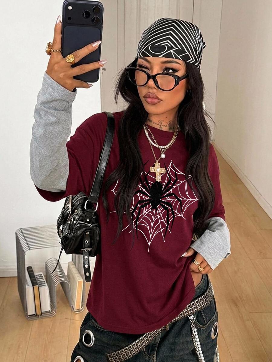 Women's casual 2-in-1 striped long sleeve graphic t-shirt featuring a round neckline, drop shoulders, rib-knit accents, and a loose fit.