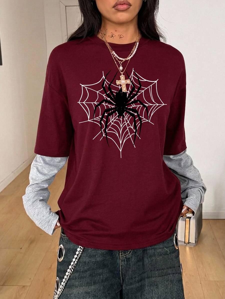 Women's casual 2-in-1 striped long sleeve graphic t-shirt featuring a round neckline, drop shoulders, rib-knit accents, and a loose fit.