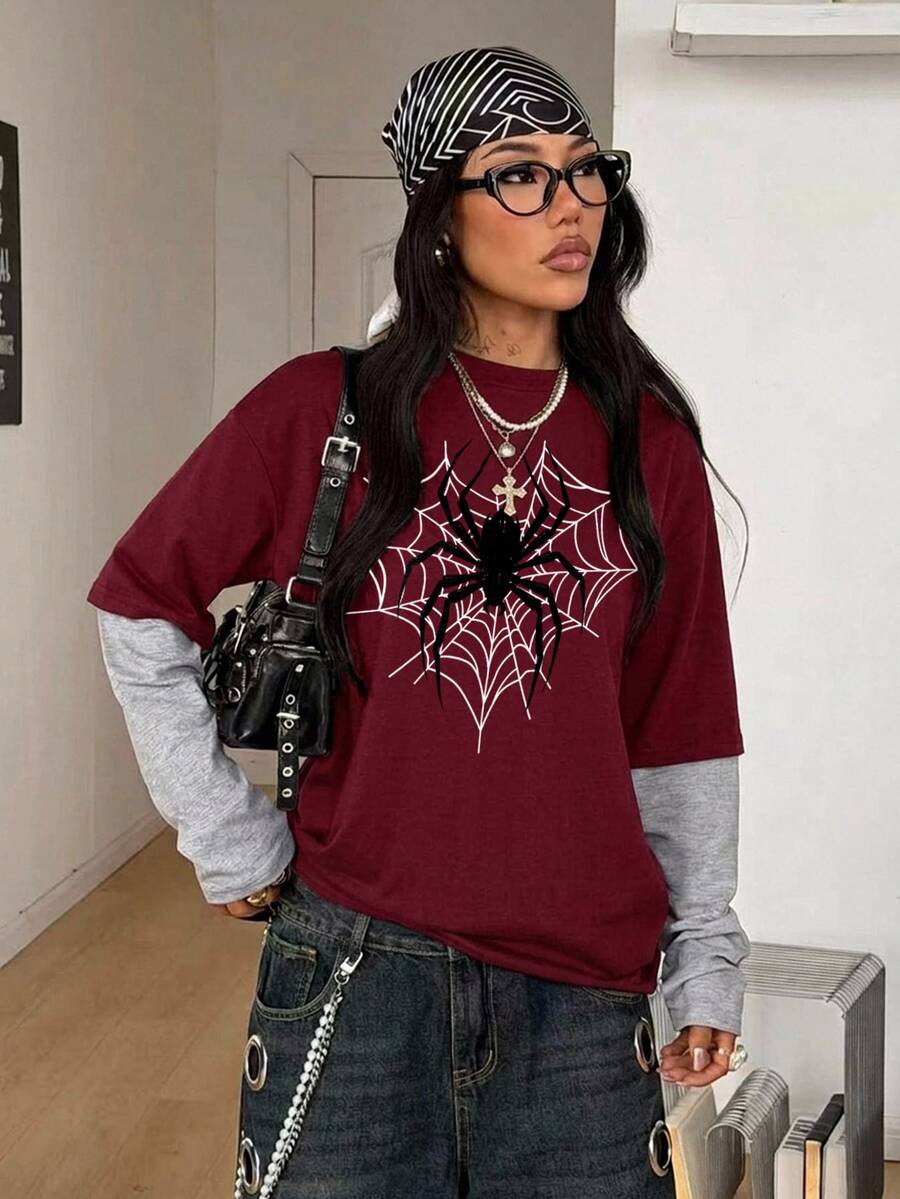 Women's casual 2-in-1 striped long sleeve graphic t-shirt featuring a round neckline, drop shoulders, rib-knit accents, and a loose fit.