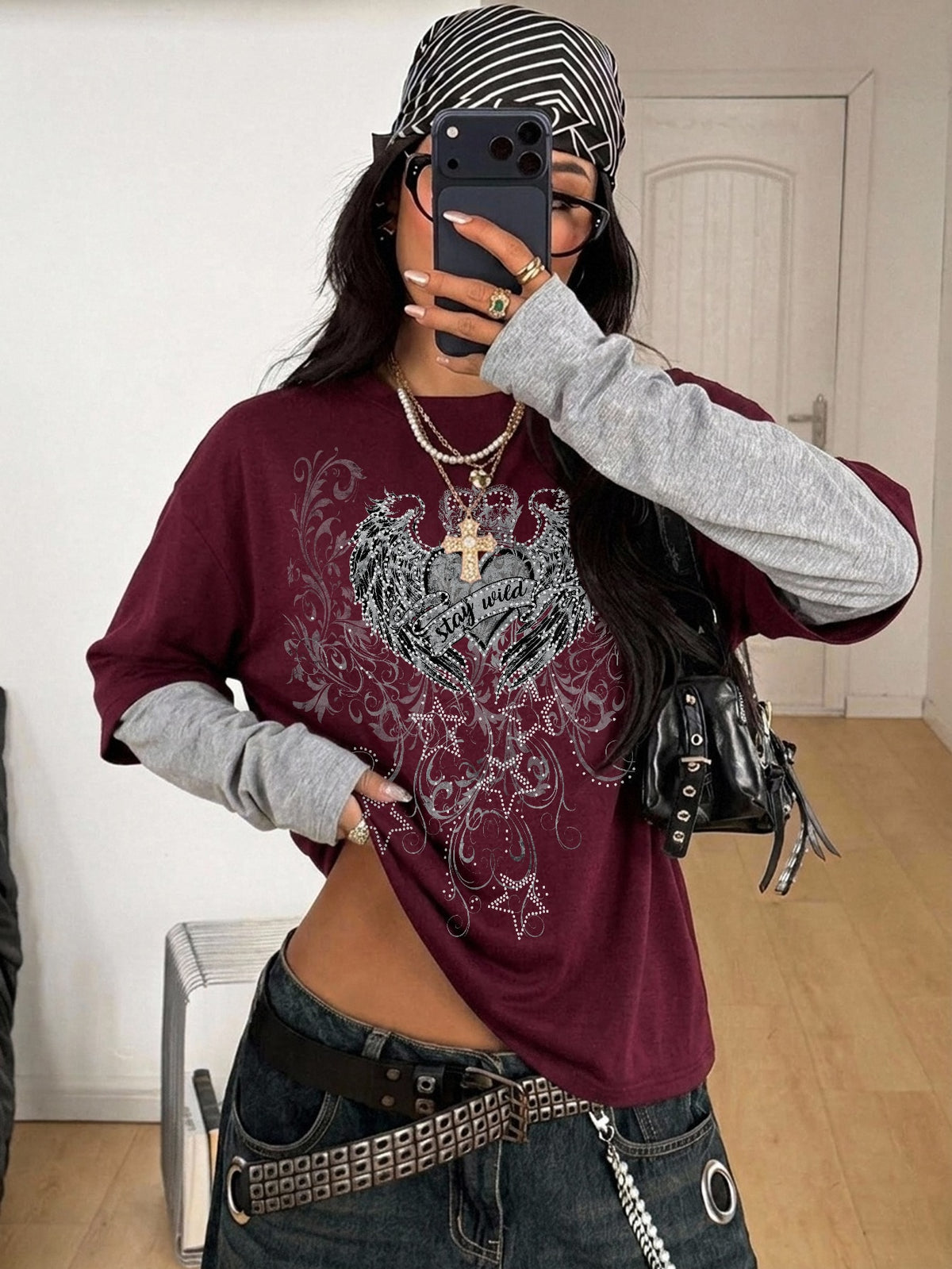Women's casual 2-in-1 striped long sleeve graphic t-shirt featuring a round neckline, drop shoulders, rib-knit accents, and a loose fit.