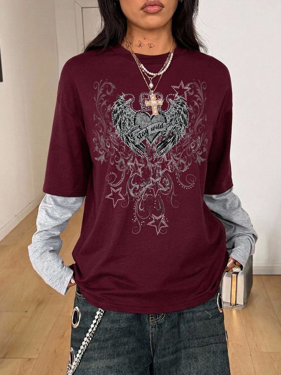 Women's casual 2-in-1 striped long sleeve graphic t-shirt featuring a round neckline, drop shoulders, rib-knit accents, and a loose fit.