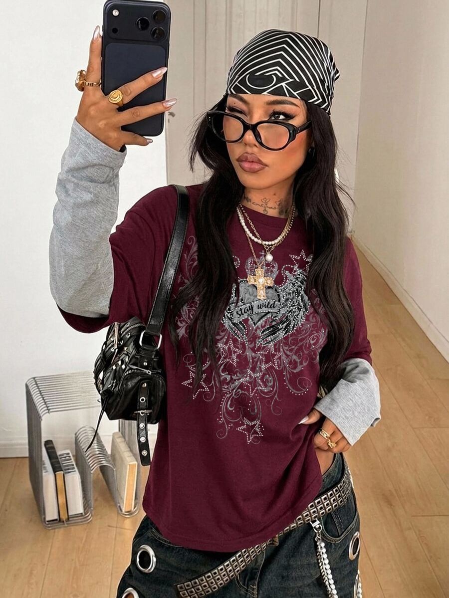 Women's casual 2-in-1 striped long sleeve graphic t-shirt featuring a round neckline, drop shoulders, rib-knit accents, and a loose fit.