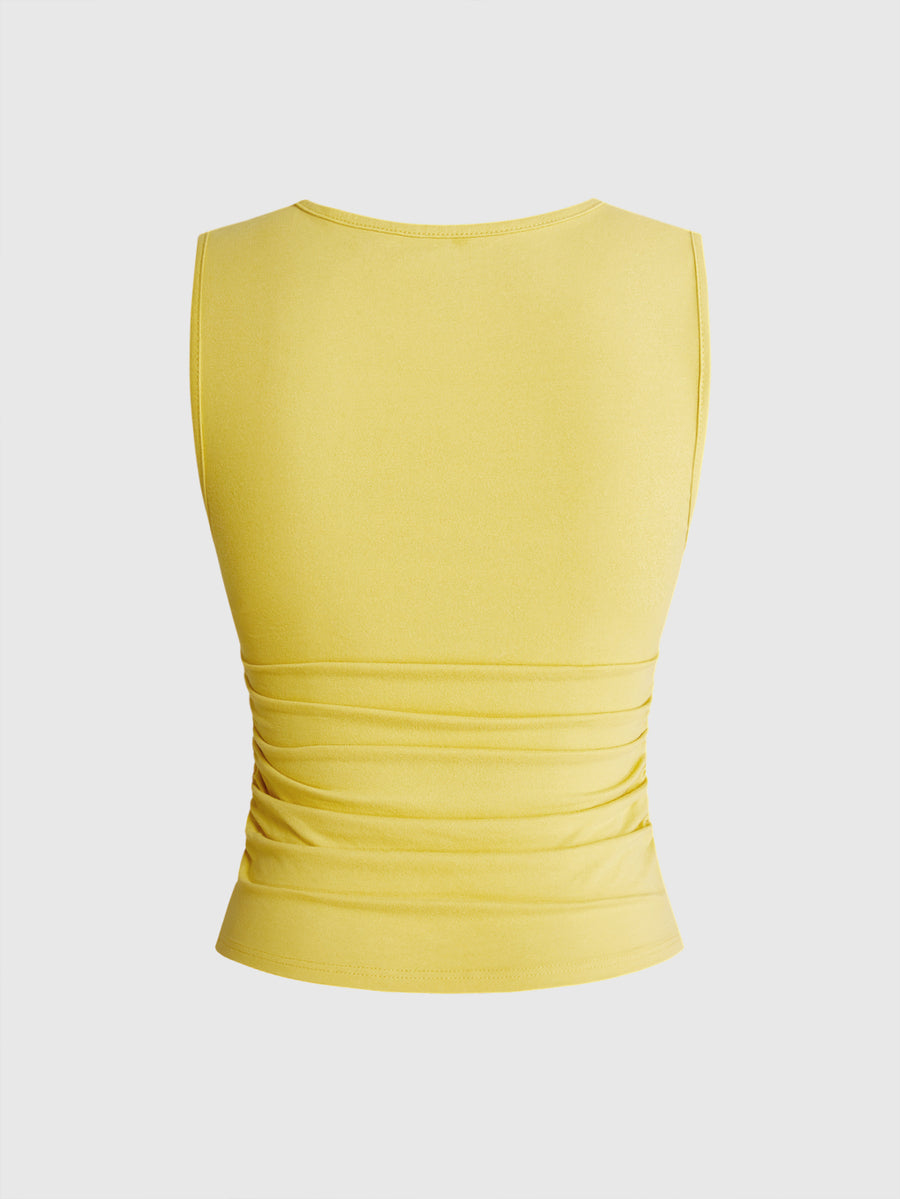 Fitted women's ruched tank top in stretch cotton knit featuring a square neckline and letter print pattern.